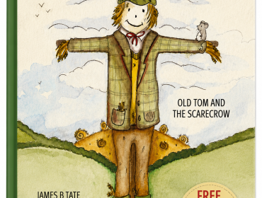 Book cover: illustration of a scarecrow standing on a wooden platform with hills, title reads 'The Scarecrow of Duck Halt Farm'