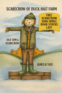 Book cover: cartoon scarecrow standing on a wooden platform with a yellow sign, title 'Scarecrow of Duck Halt Farm' and author 'James B Tate'